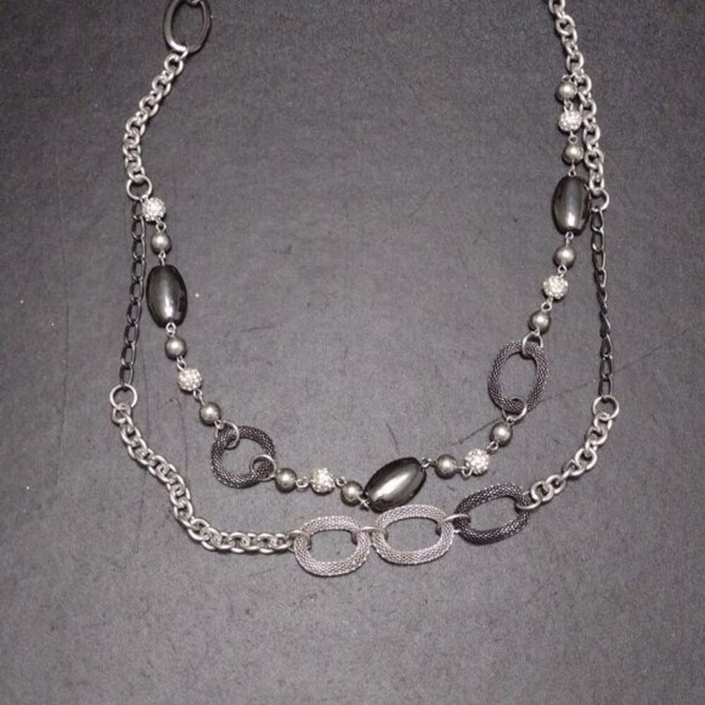 Silver tone long chain bead necklace 34"